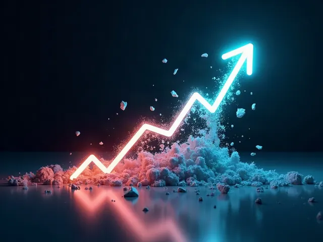 A cyan curve breaking into coral fragments